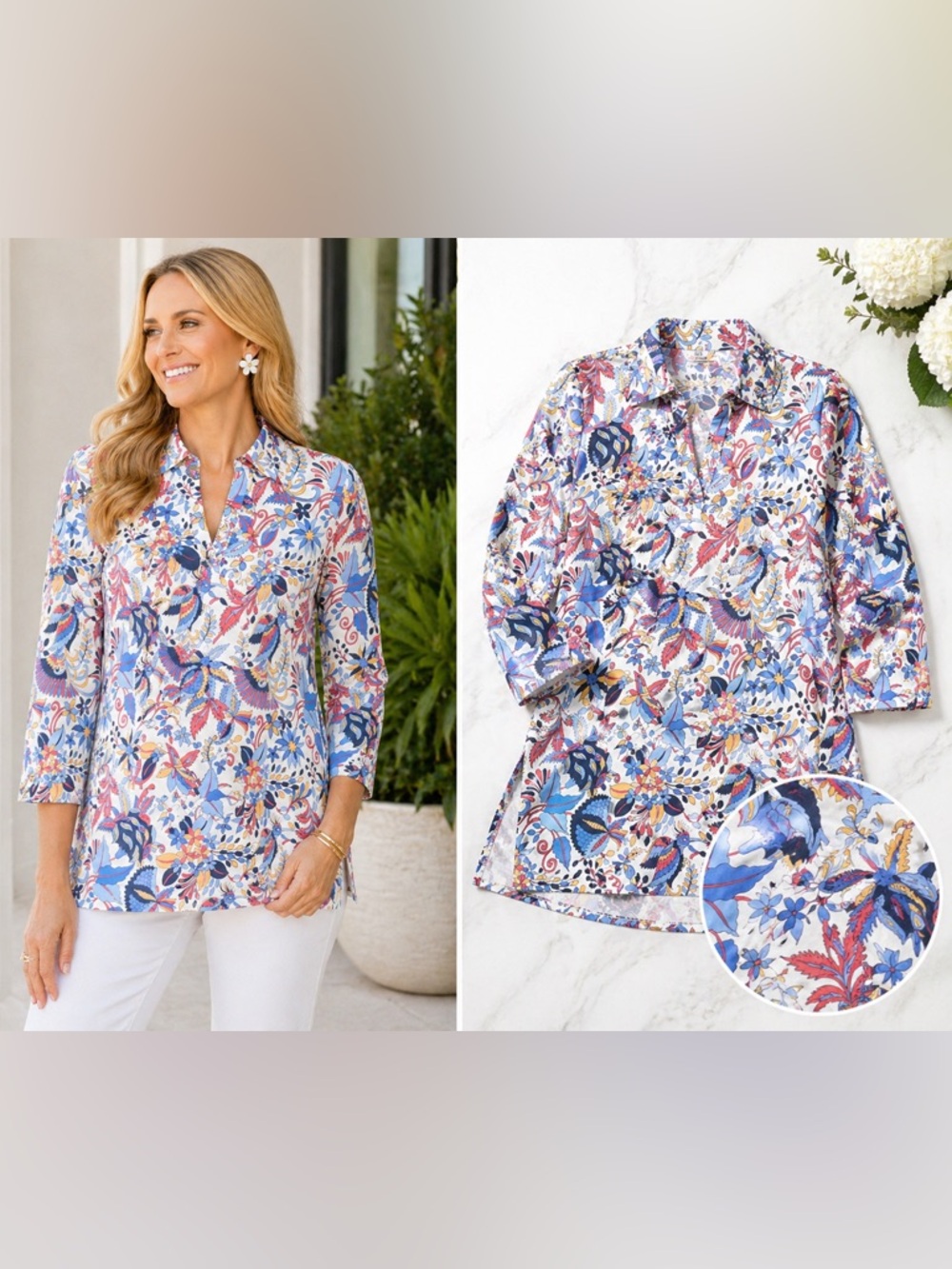 Jude Connally White Tunic with Blue and Pink Floral & Bird Print XS